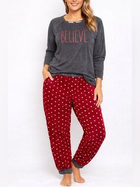 Rae Dunn “Believe” Lounge Set Gray Top Red Polka Dot Pants Cozy Pajama set/ L